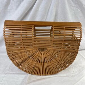Cult Gaia Inspired Bamboo Ark Shaped Top Handle Tote Bag Natural Tan